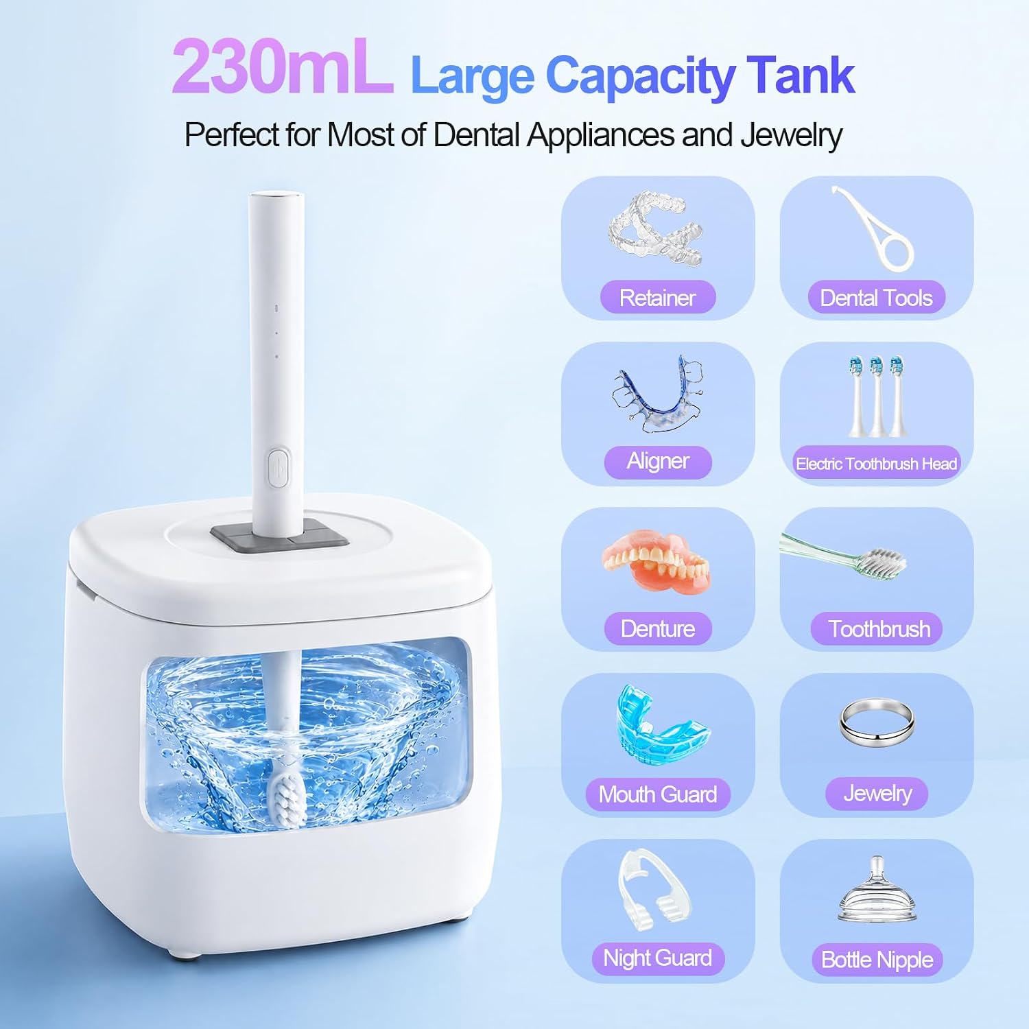 Ultrasonic Retainer Cleaner Machine 50kHz Dental Cleaning Pod with 4 UV