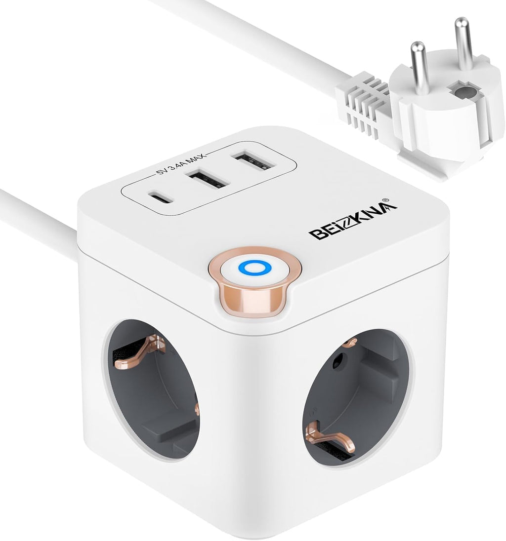 Beizkna 6-in-1 Steckdosenwürfel mit USB-C & 1,5 m Kabel