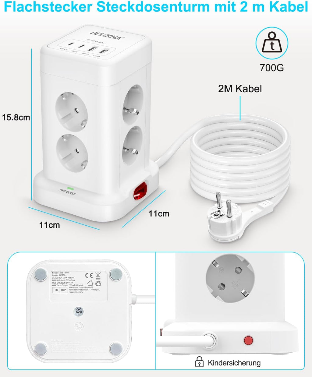 Beizkna 12-in-1 Steckdosenleiste mit USB-C & 2 m Kabel