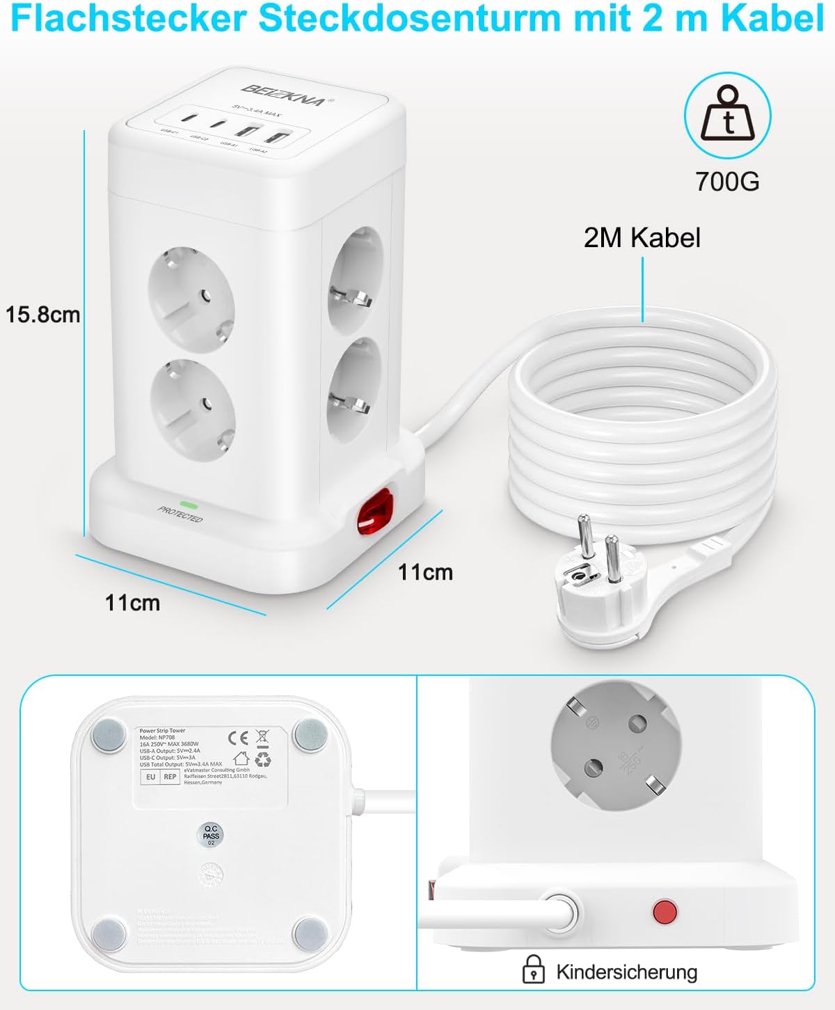 Beizkna 12-in-1 Steckdosenleiste mit USB-C & 2 m Kabel