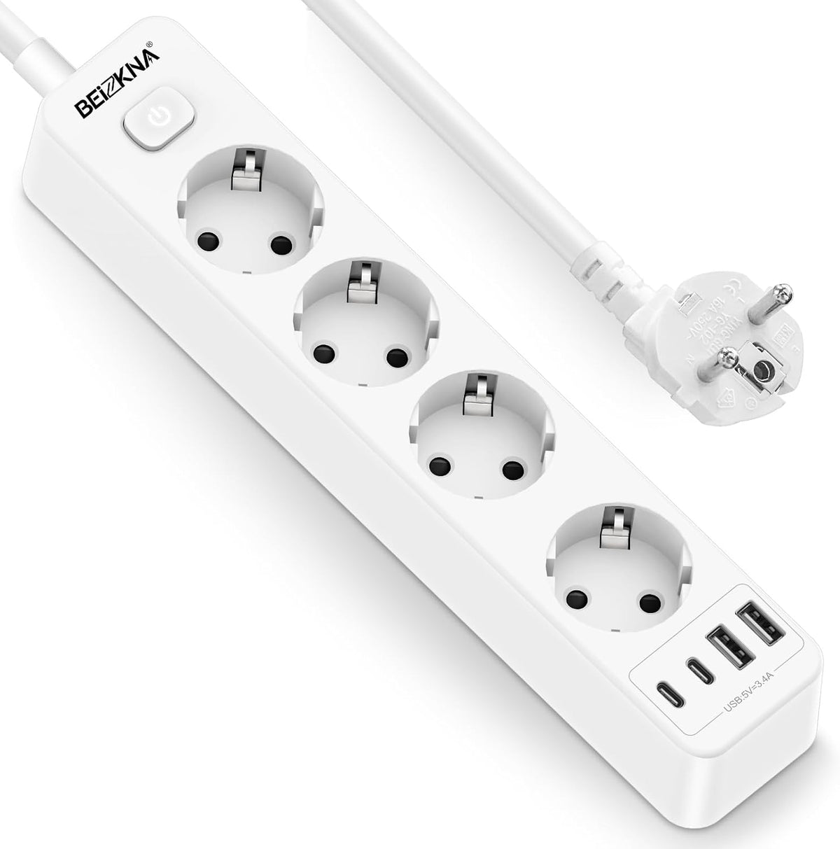 Beizkna 8-in-1 Steckdosenleiste mit USB-C, 4000W & 1,8 m Kabel