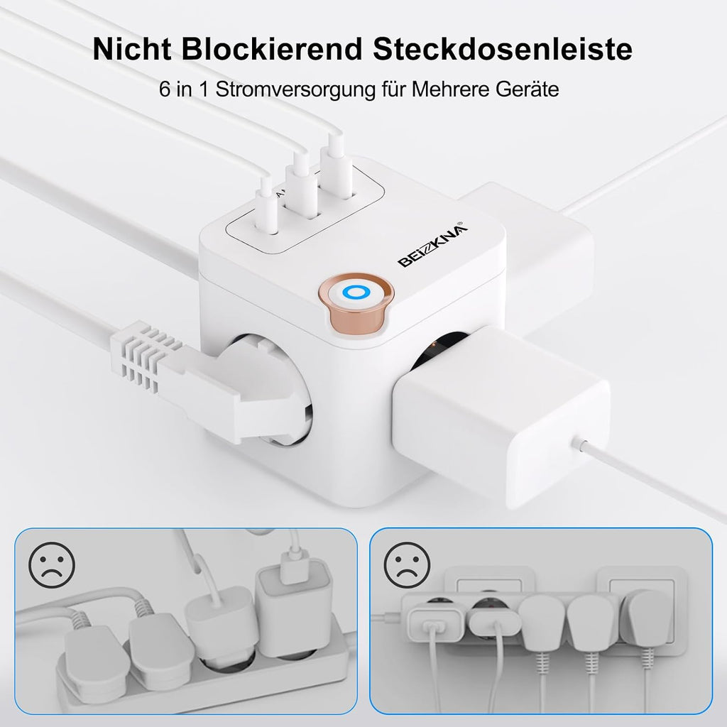 Beizkna 6-in-1 Steckdosenwürfel mit USB-C & 1,5 m Kabel