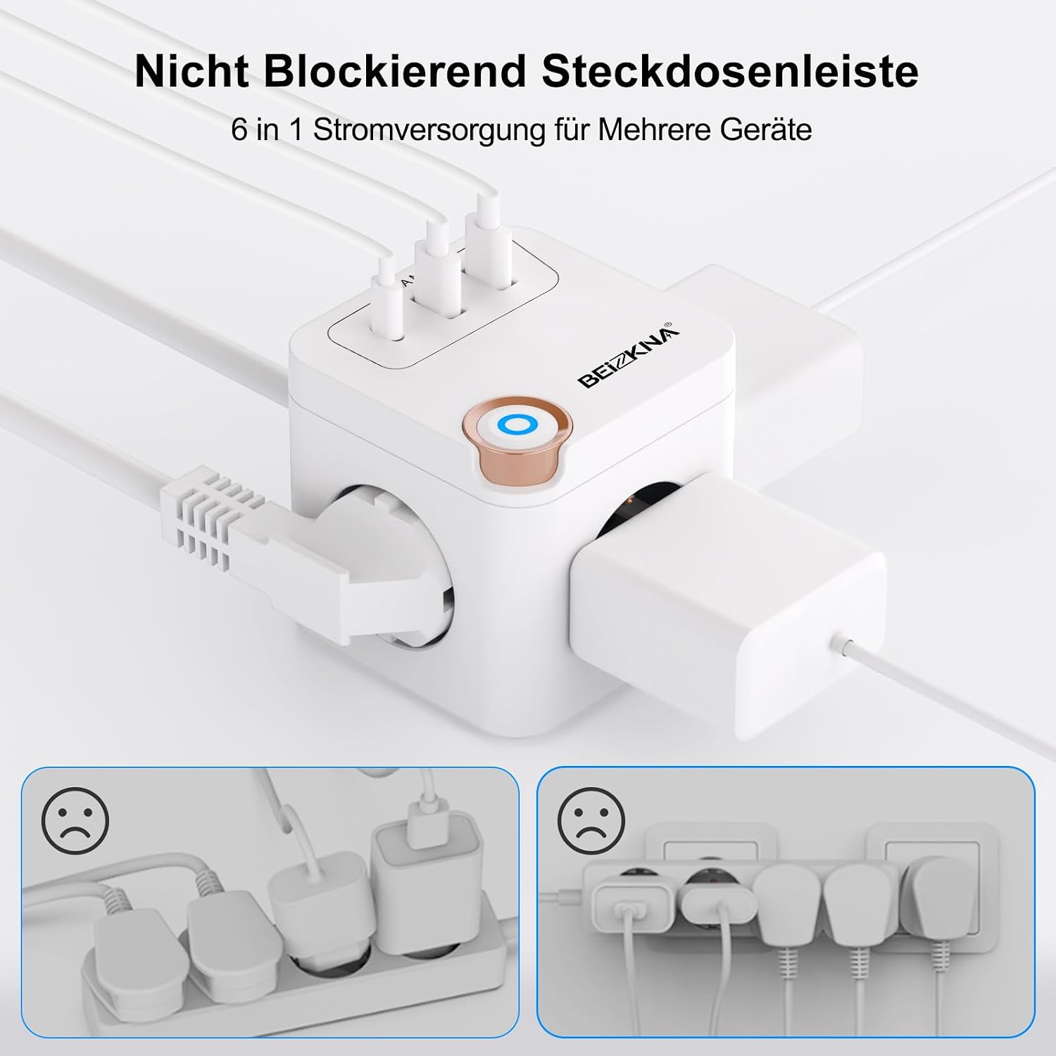 Beizkna 6-in-1 Steckdosenwürfel mit USB-C & 1,5 m Kabel