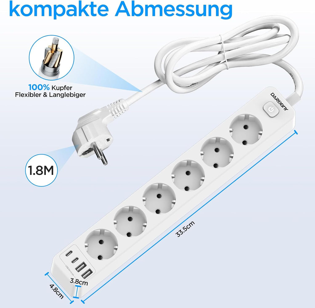 Beizkna 10-in-1 Steckdosenleiste mit USB-C, 3680W & 1,8 m Kabel