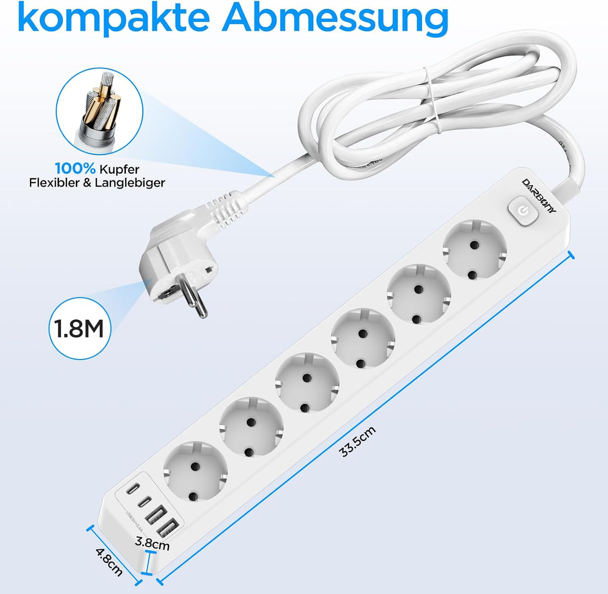 Beizkna 10-in-1 Steckdosenleiste mit USB-C, 3680W & 1,8 m Kabel
