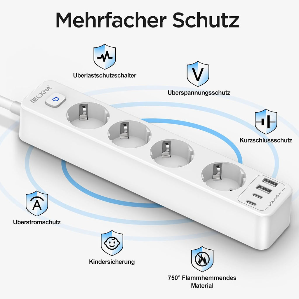 Beizkna 8-in-1 Steckdosenleiste mit USB-C, 4000W & 1,8 m Kabel