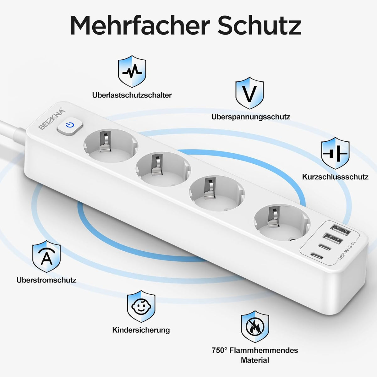 Beizkna 8-in-1 Steckdosenleiste mit USB-C, 4000W & 1,8 m Kabel