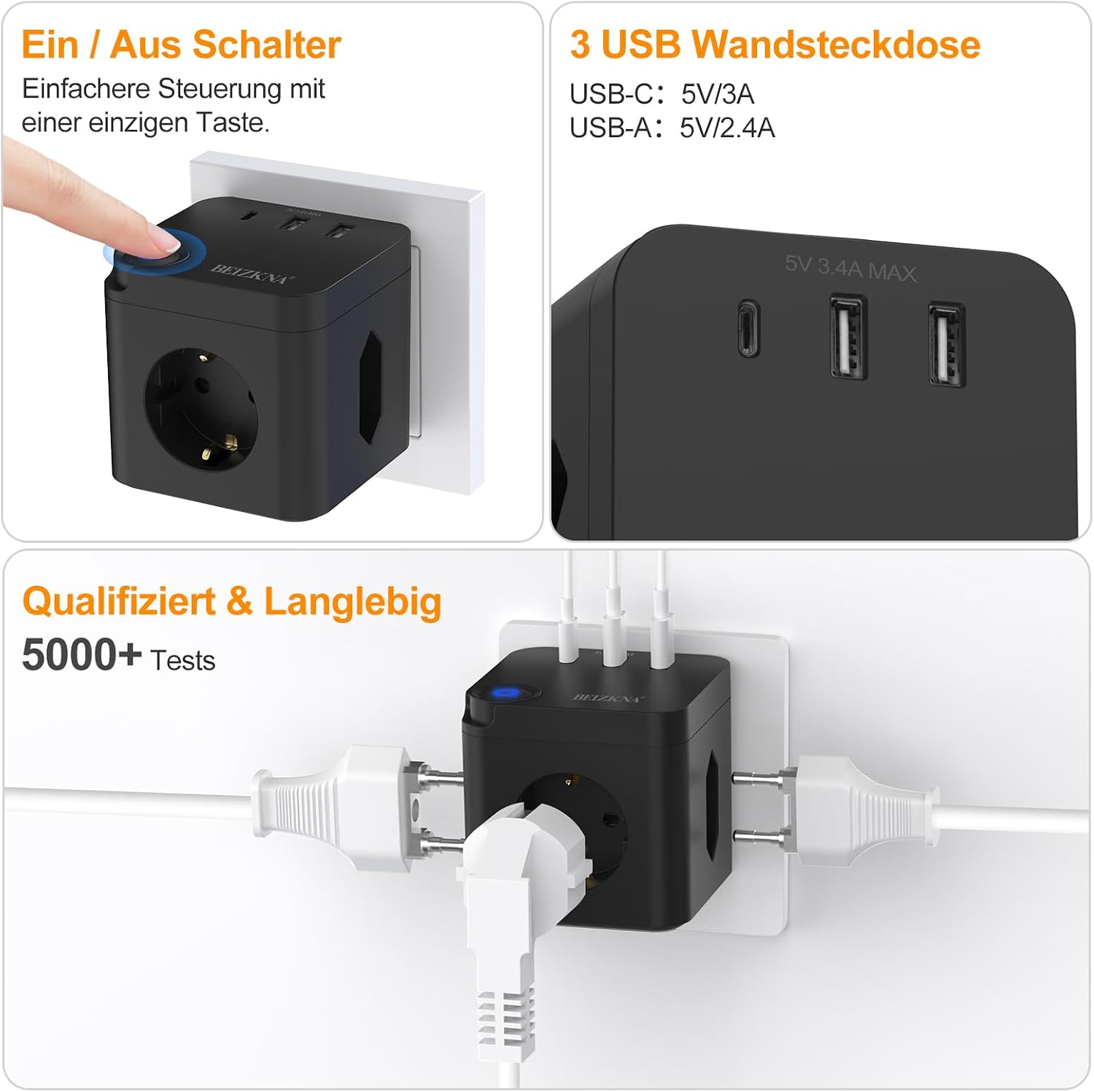 Beizkna 6-in-1 Steckdosenwürfel mit USB-C & 3680W – Schwarz