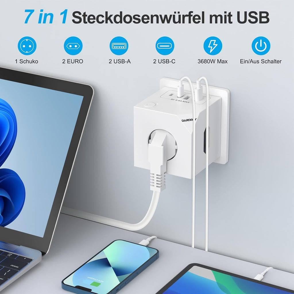 Darbony 7-in-1 Steckdosenwürfel mit 2 USB-C & 2 USB-A