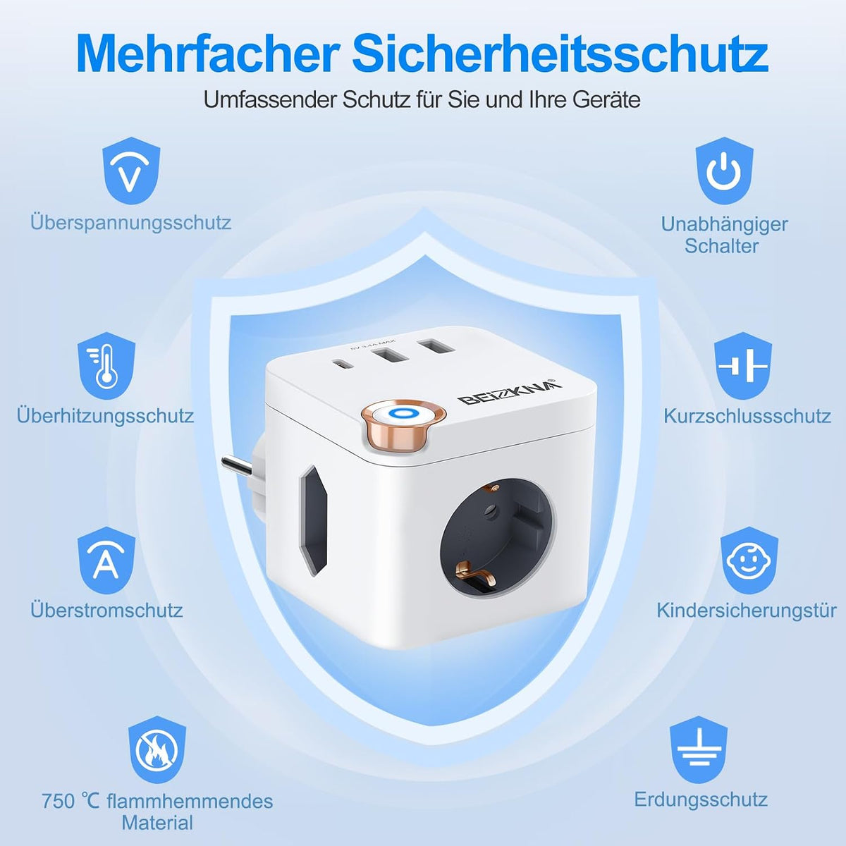 Beizkna 6-in-1 Steckdosenwürfel mit USB-C & USB-A