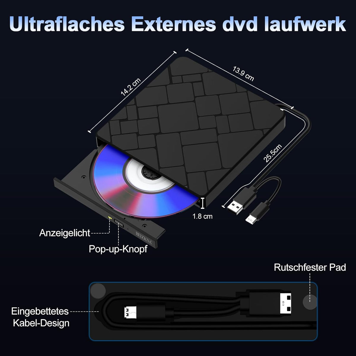 Beizkna Externes CD/DVD-Laufwerk mit USB 3.0 & USB-C