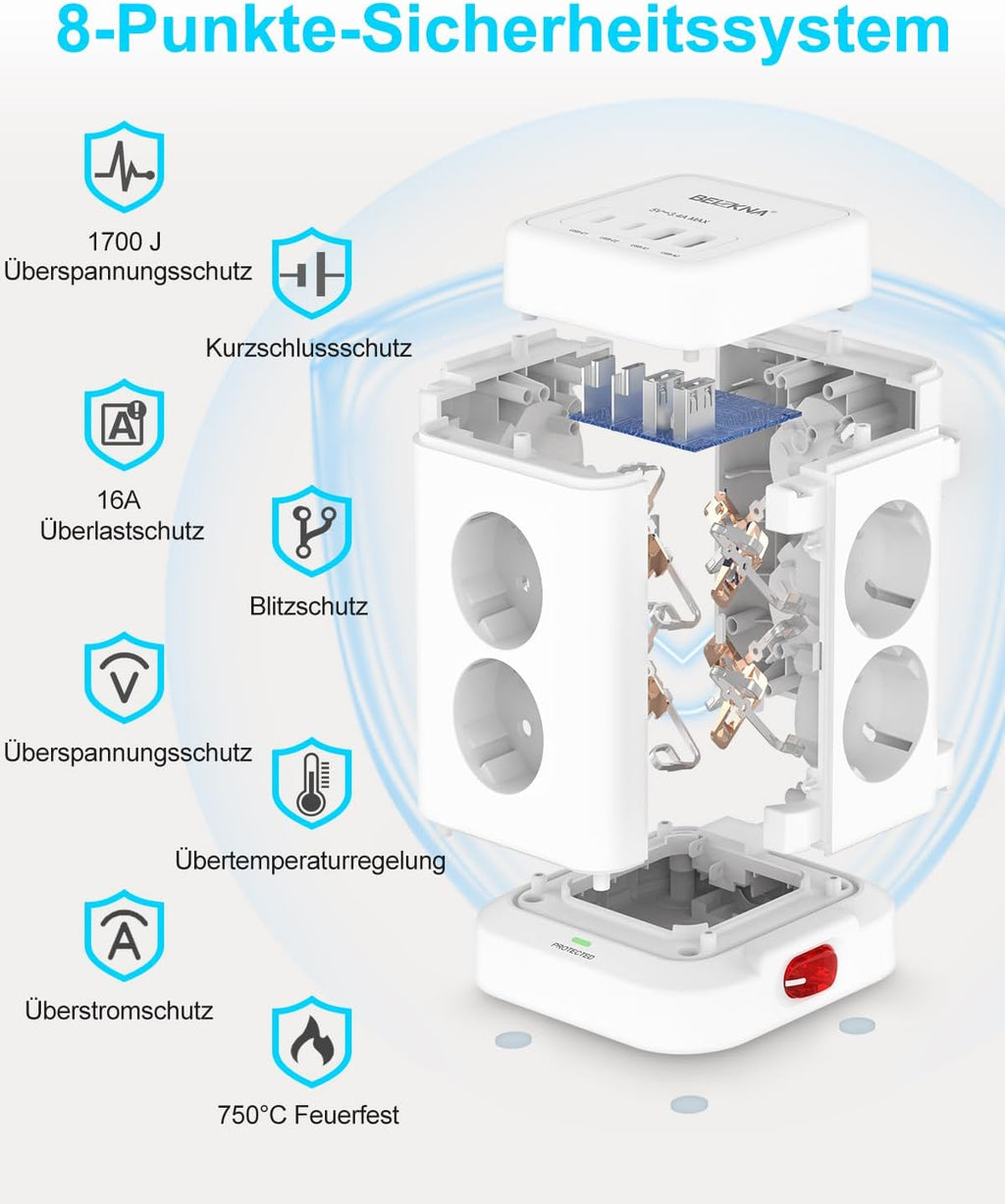 Beizkna 12-in-1 Steckdosenleiste mit USB-C & 2 m Kabel