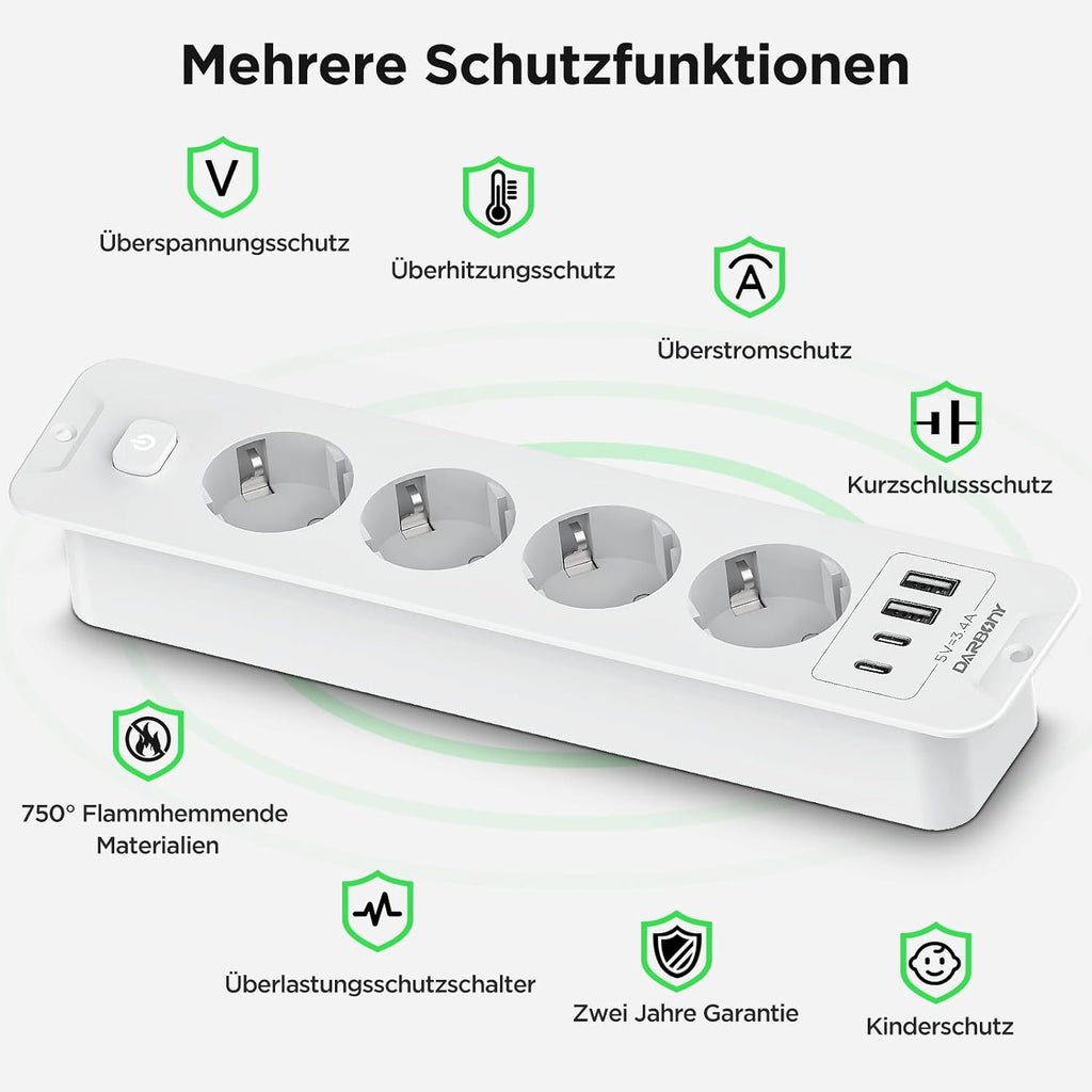 Darbony 8-in-1 Einbausteckdose mit 4 USB-Anschlüssen & 2 m Kabel