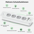 Darbony 8-in-1 Einbausteckdose mit 4 USB-Anschlüssen & 2 m Kabel