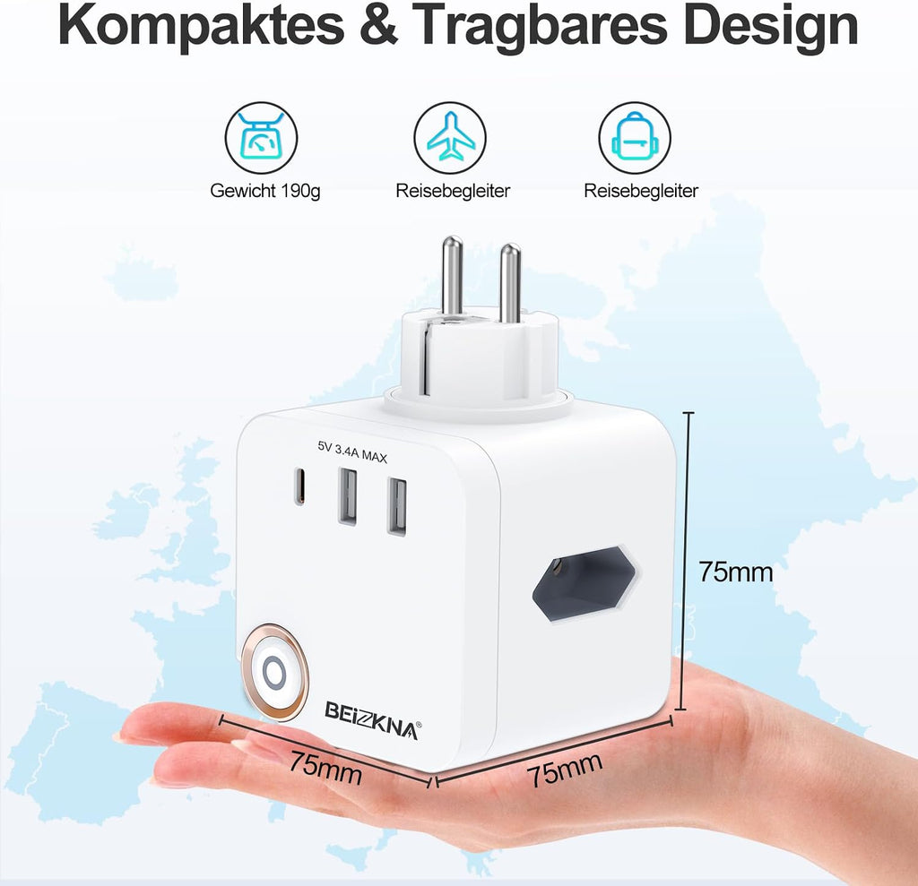Beizkna 6-in-1 Steckdosenwürfel mit USB-C & USB-A