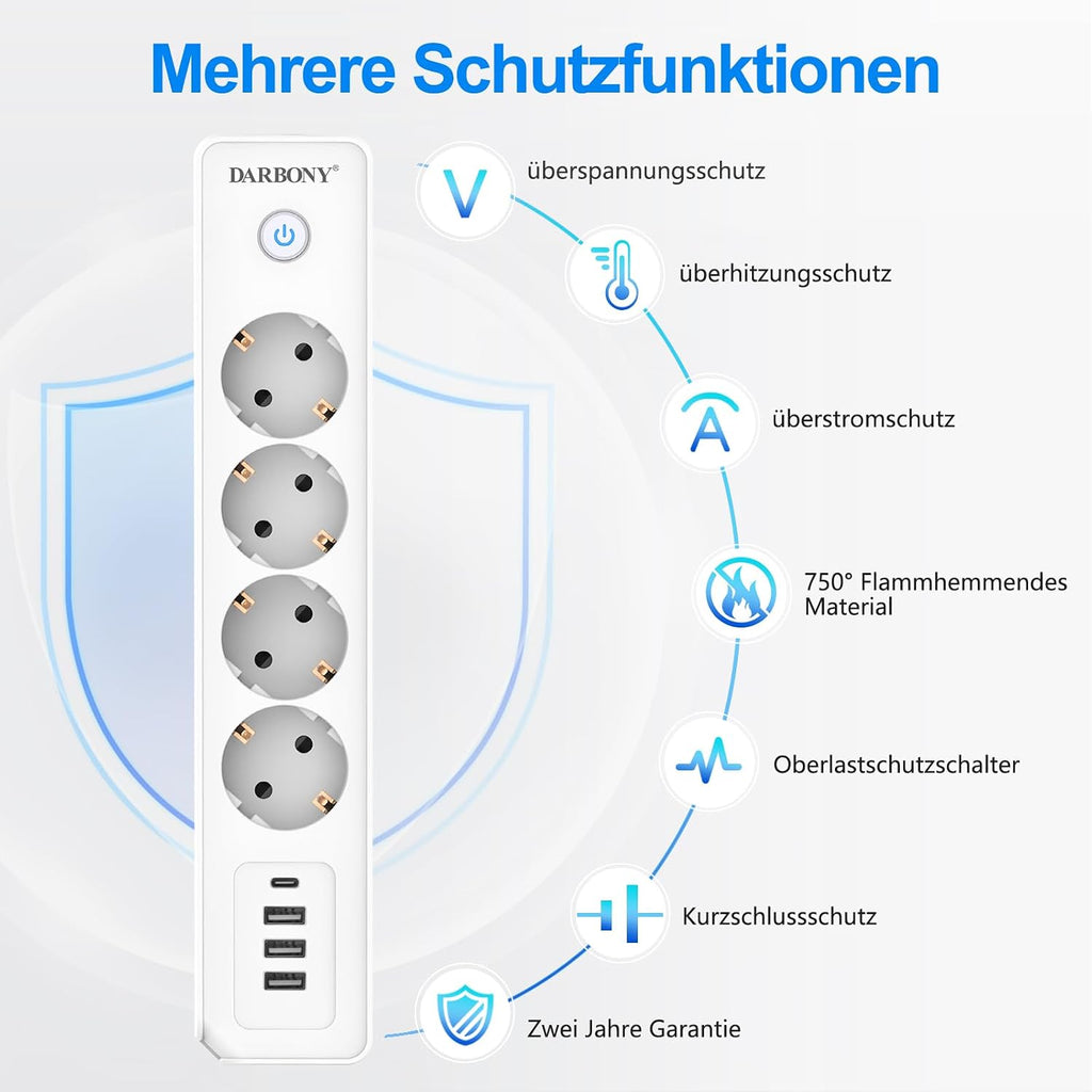 Darbony 8-in-1 Steckdosenleiste mit USB-C & 2 m Kabel