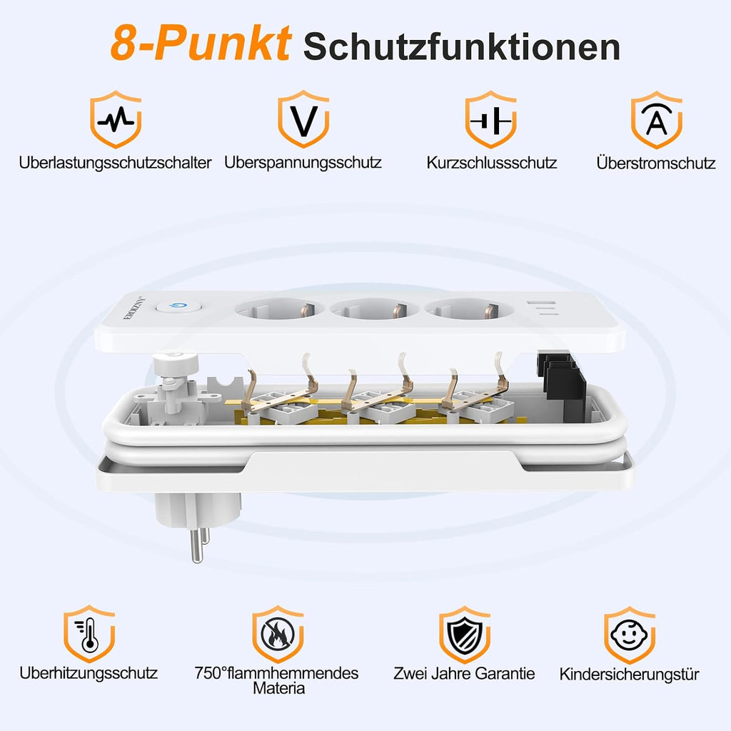 EROIZNY 6-in-1 Steckdosenleiste mit USB-C PD 20W & 1,5 m Kabel