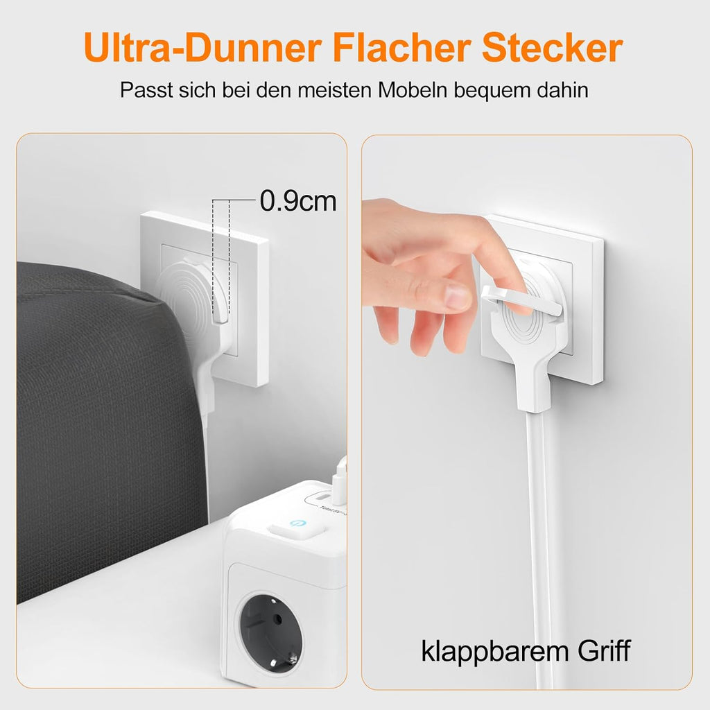 7-in-1 Steckdosenwürfel mit 2 USB-C & 2 USB-A, 2 m Kabel
