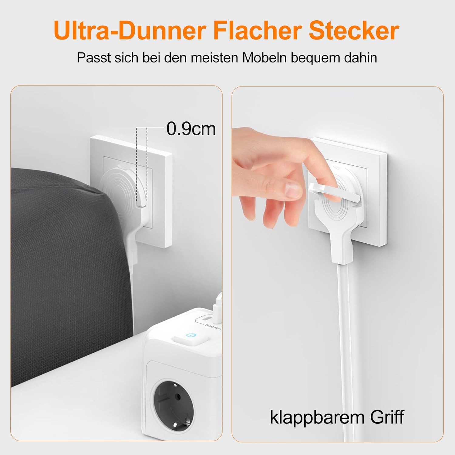 7-in-1 Steckdosenwürfel mit 2 USB-C & 2 USB-A, 2 m Kabel