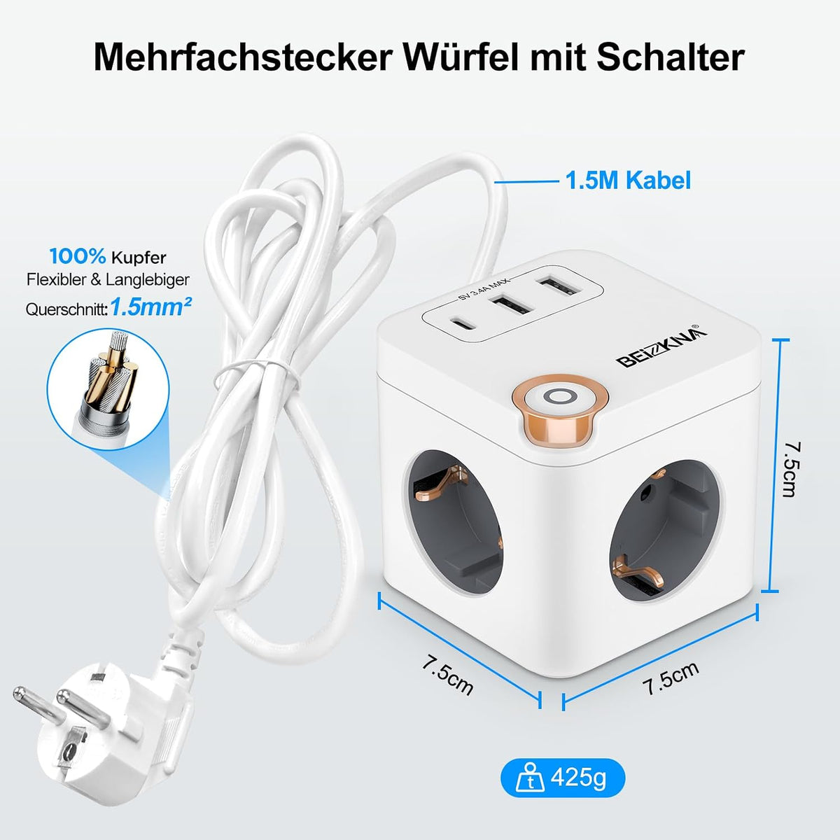 Beizkna 6-in-1 Steckdosenwürfel mit USB-C & 1,5 m Kabel
