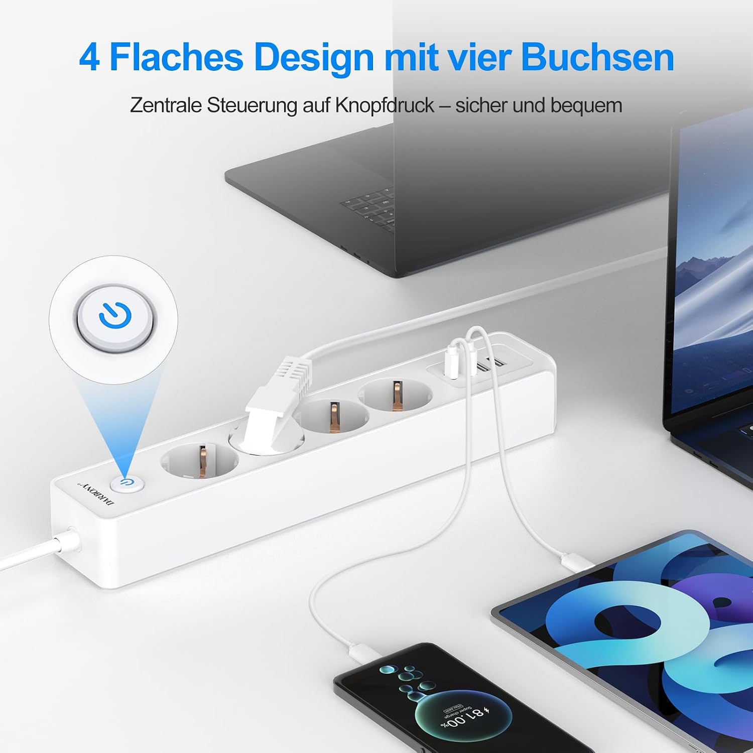Darbony 8-in-1 Steckdosenleiste mit USB-C & 2 m Kabel