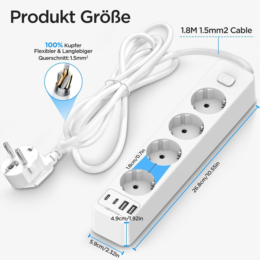 Beizkna 8-in-1 Steckdosenleiste mit USB-C, 4000W & 1,8 m Kabel
