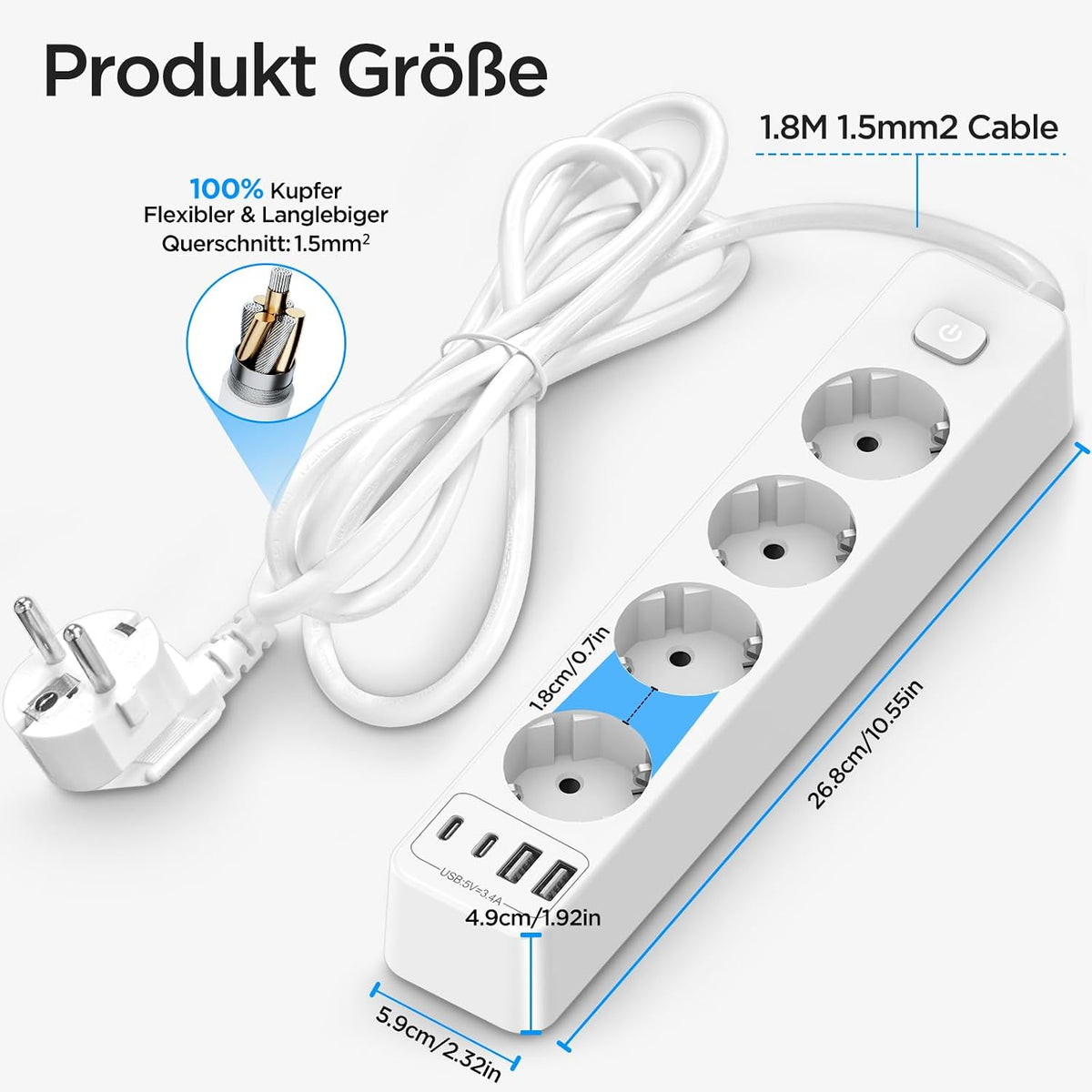 Beizkna 8-in-1 Steckdosenleiste mit USB-C, 4000W & 1,8 m Kabel