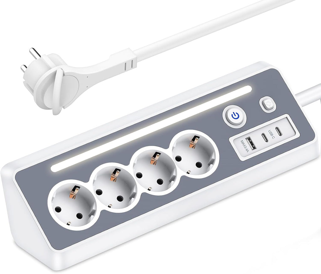 Darbony 8-in-1 Ecksteckdosenleiste mit USB-C & LED-Nachtlicht