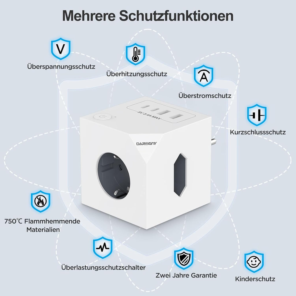 Darbony 7-in-1 Steckdosenwürfel mit 2 USB-C & 2 USB-A