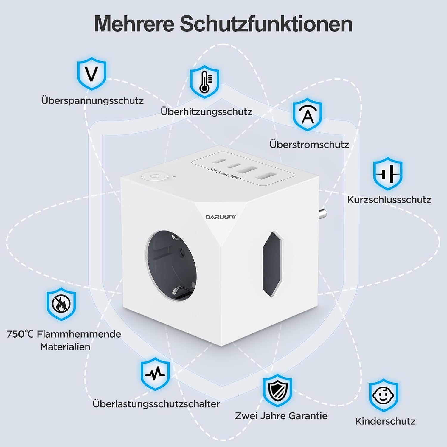 Darbony 7-in-1 Steckdosenwürfel mit 2 USB-C & 2 USB-A