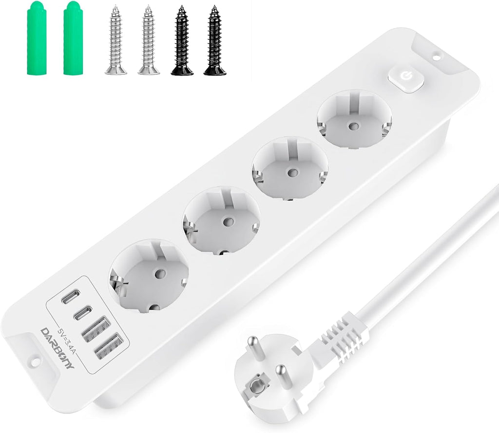 Darbony 8-in-1 Einbausteckdose mit 4 USB-Anschlüssen & 2 m Kabel