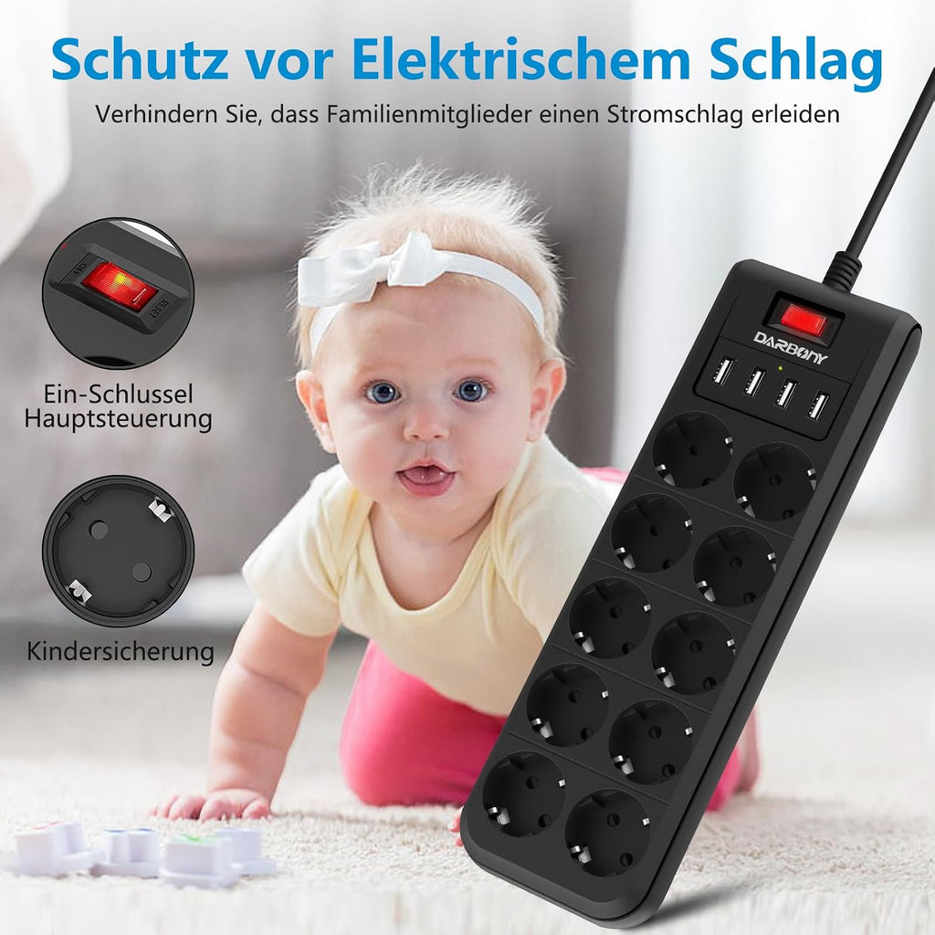 Darbony 14-in-1 Steckdosenleiste mit 4 USB & 2 m Kabel