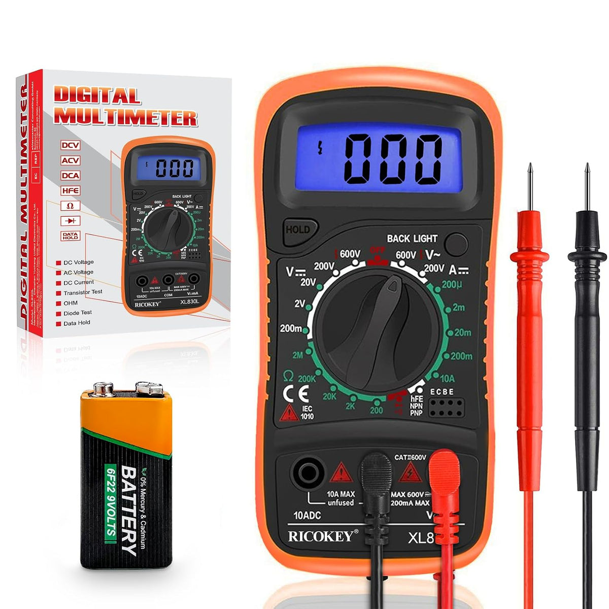 RICOKEY Digital Multimeter mit LCD-Anzeige & Batterietester