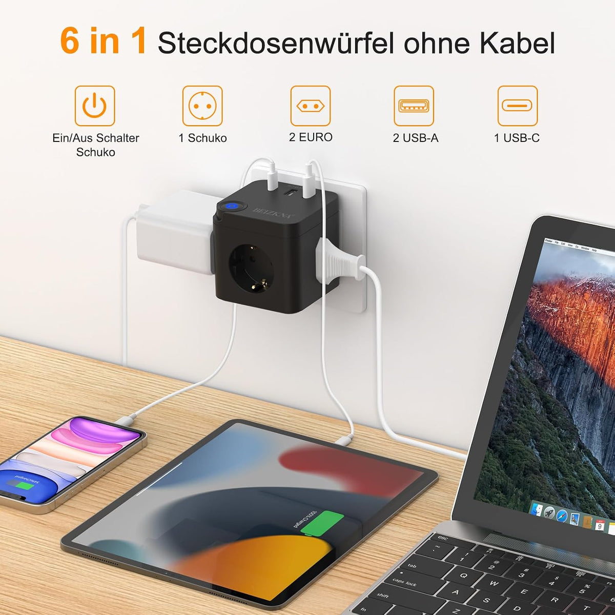 Beizkna 6-in-1 Steckdosenwürfel mit USB-C & 3680W – Schwarz