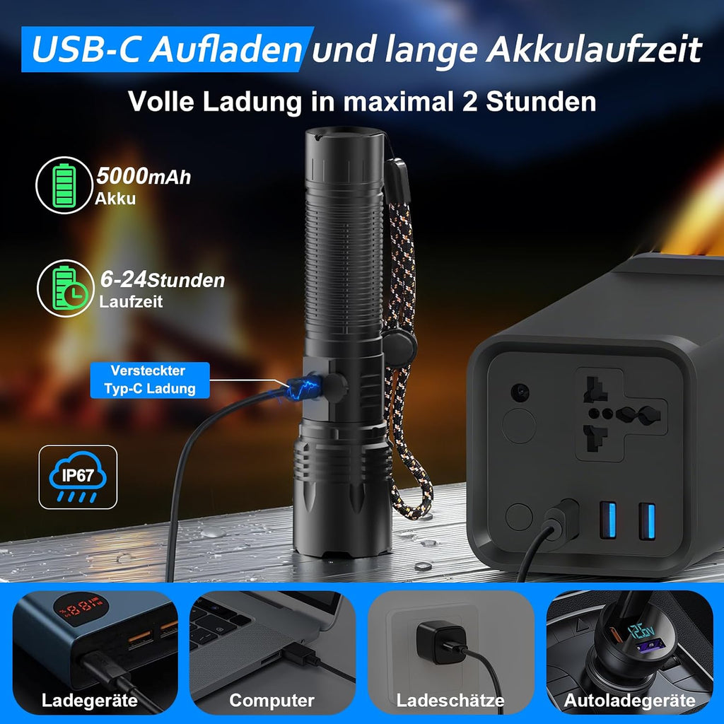 Edasion LED-Taschenlampe 50000 Lumen, USB-C, IP67