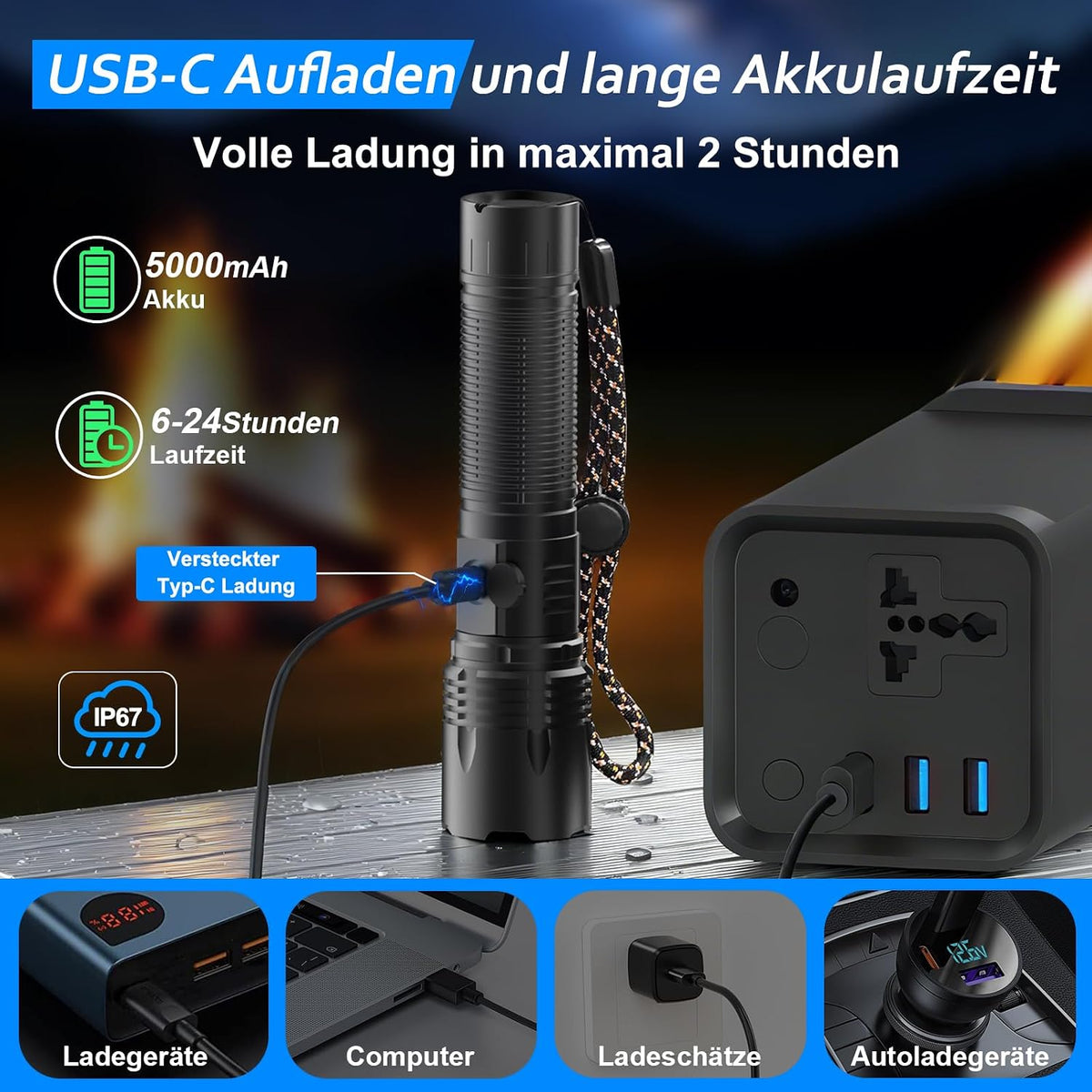Edasion LED-Taschenlampe 50000 Lumen, USB-C, IP67