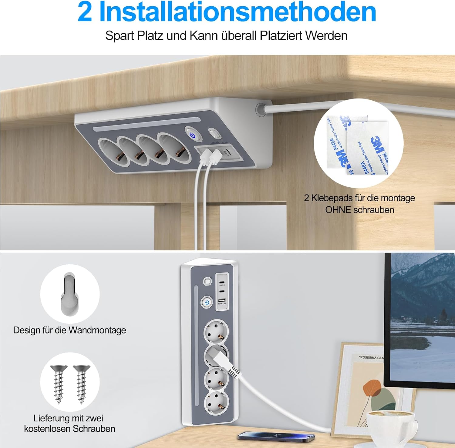 Darbony 8-in-1 Ecksteckdosenleiste mit USB-C & LED-Nachtlicht