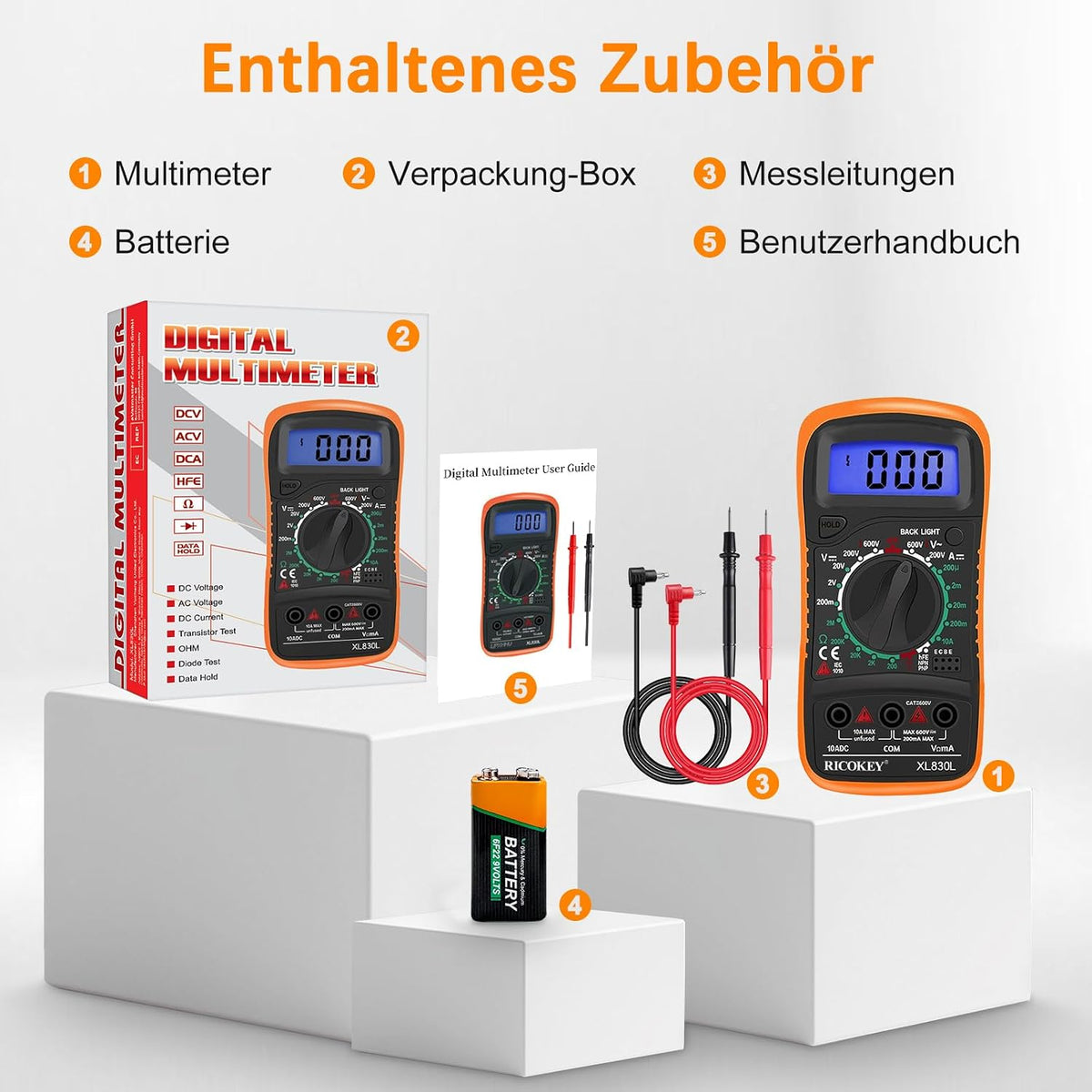 RICOKEY Digital Multimeter mit LCD-Anzeige & Batterietester