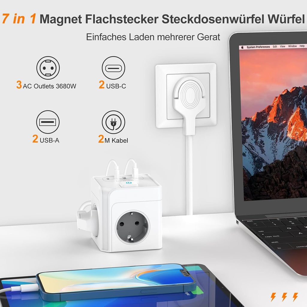 7-in-1 Steckdosenwürfel mit 2 USB-C & 2 USB-A, 2 m Kabel