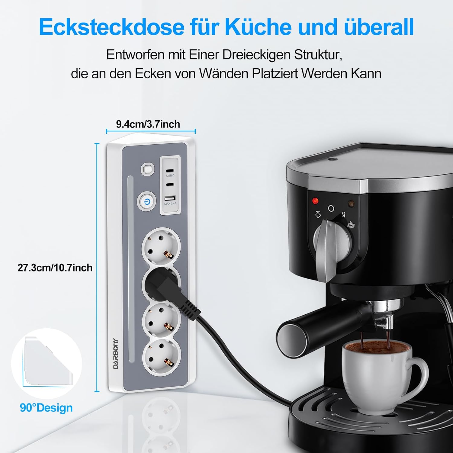 Darbony 8-in-1 Ecksteckdosenleiste mit USB-C & LED-Nachtlicht