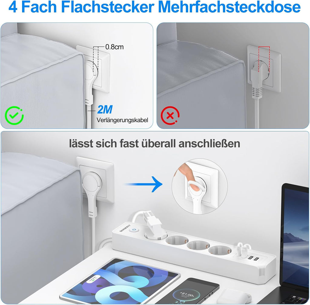 Darbony 8-in-1 Steckdosenleiste mit USB-C & 2 m Kabel