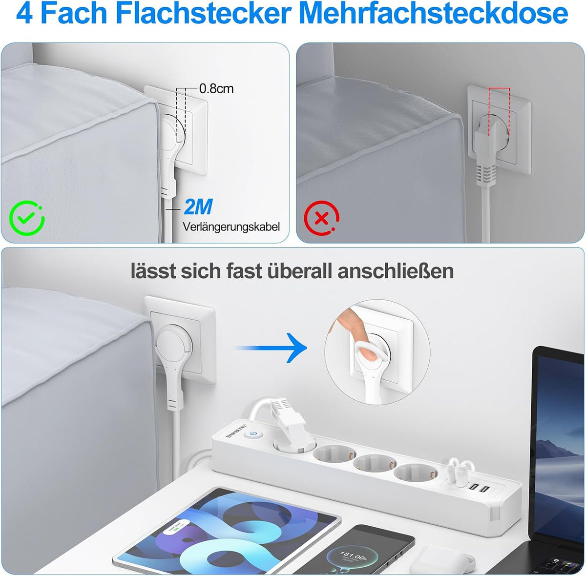 Darbony 8-in-1 Steckdosenleiste mit USB-C & 2 m Kabel
