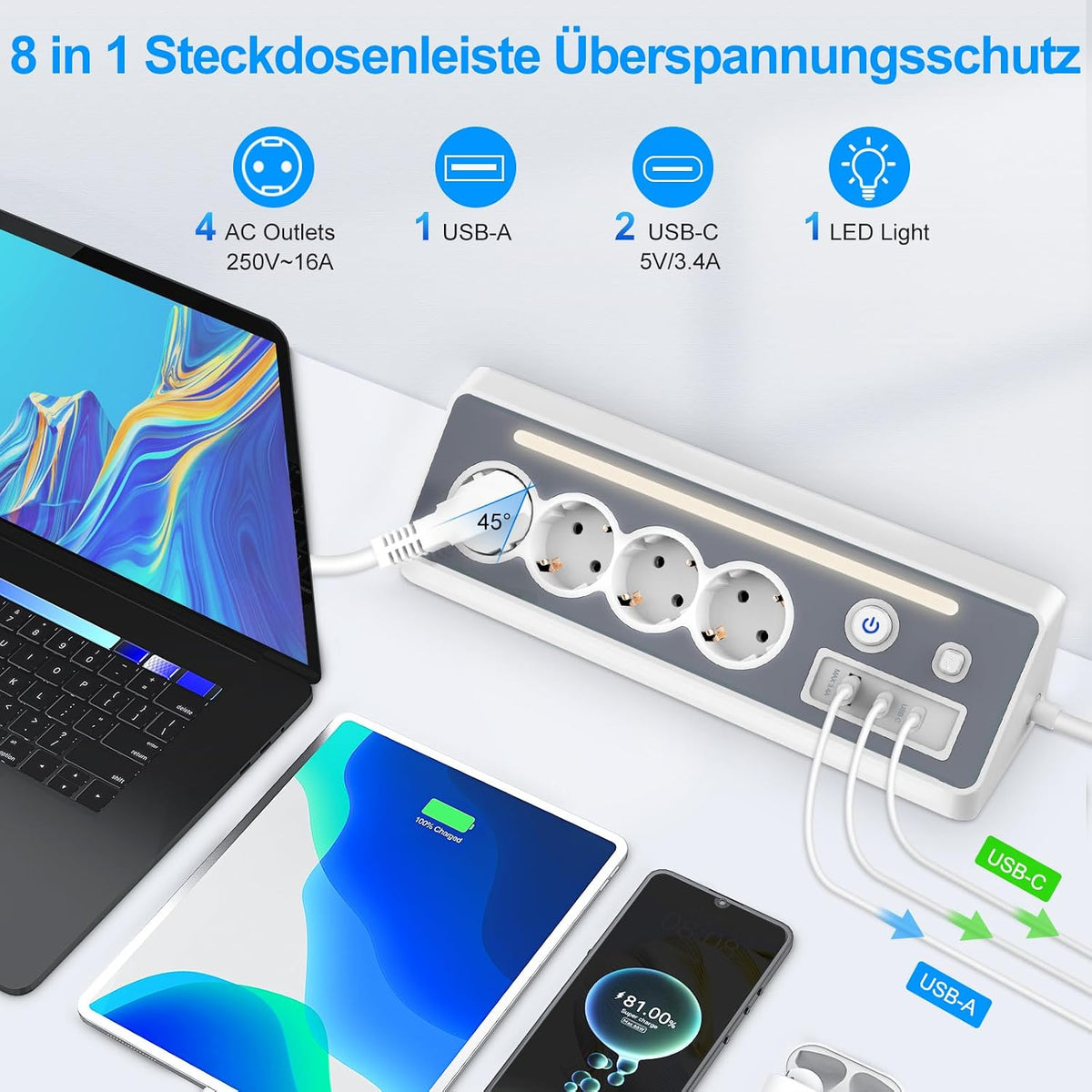 Darbony 8-in-1 Ecksteckdosenleiste mit USB-C & LED-Nachtlicht