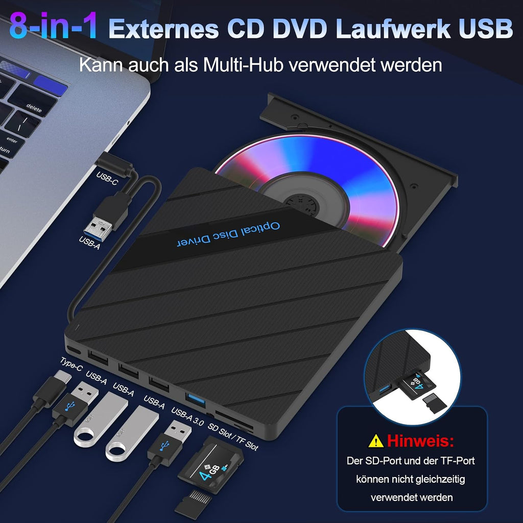 Beizkna 8-in-1 Externes DVD-Laufwerk mit USB-C & Kartenleser