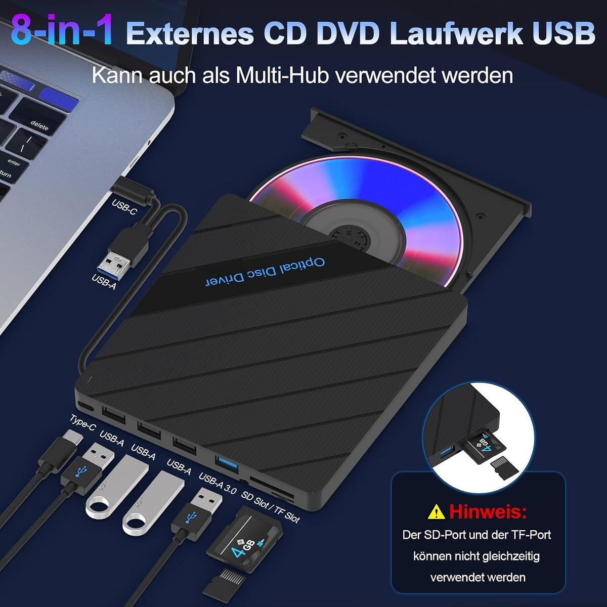 Beizkna 8-in-1 Externes DVD-Laufwerk mit USB-C & Kartenleser