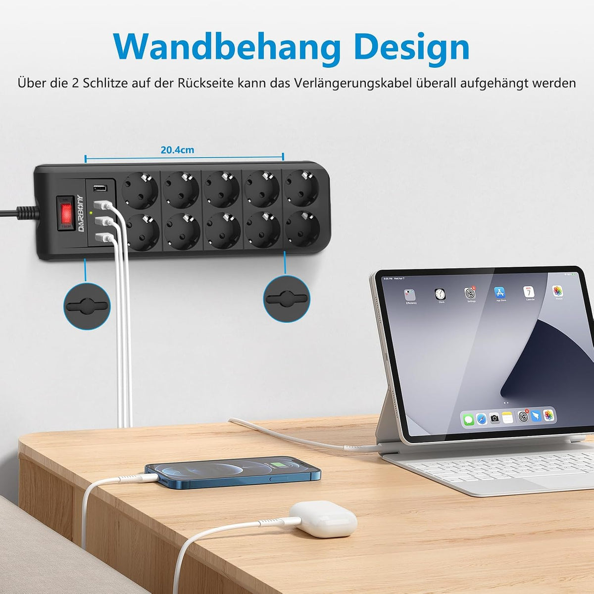Darbony 14-in-1 Steckdosenleiste mit 4 USB & 2 m Kabel