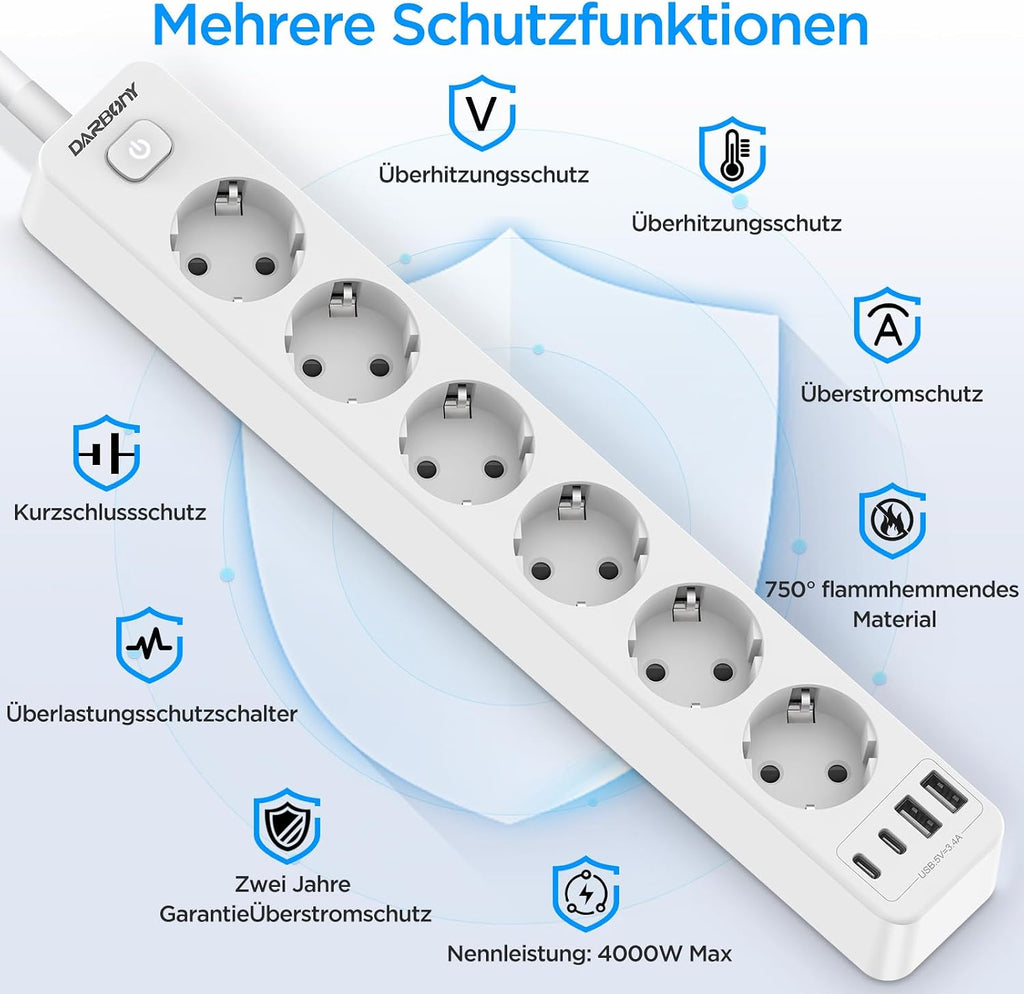 Beizkna 10-in-1 Steckdosenleiste mit USB-C, 3680W & 1,8 m Kabel