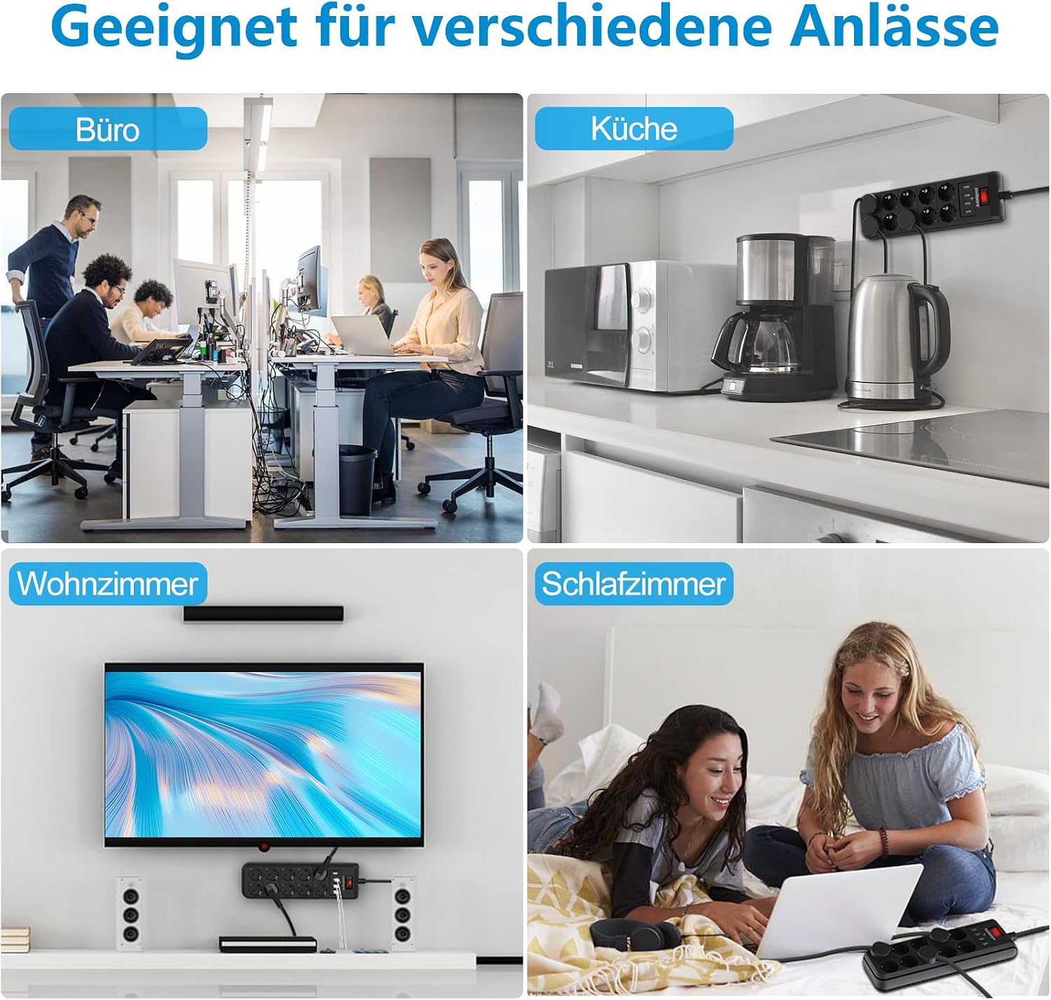 Darbony 14-in-1 Steckdosenleiste mit 4 USB & 2 m Kabel
