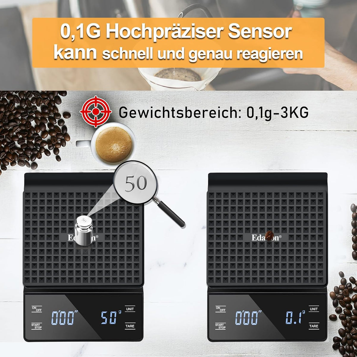 Edasion Präzisions-Kaffeewaage mit Timer, 0,1 g–3 kg