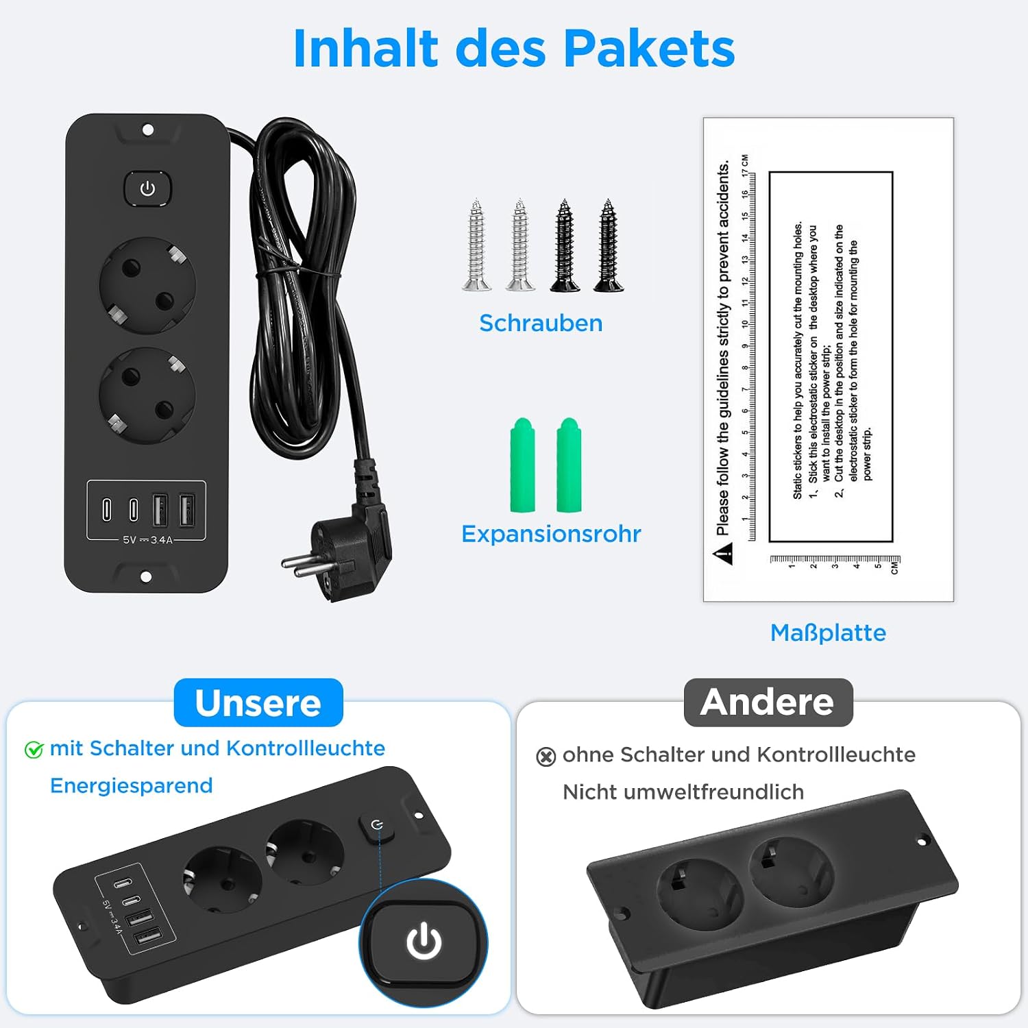 Darbony Einbausteckdose mit USB-C PD & 4 Steckdosen